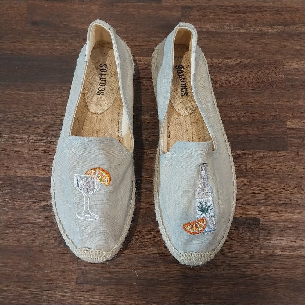 Soludos Beige Espadrille Slip-Ons with Orange Cocktail & Bottle Embroidery